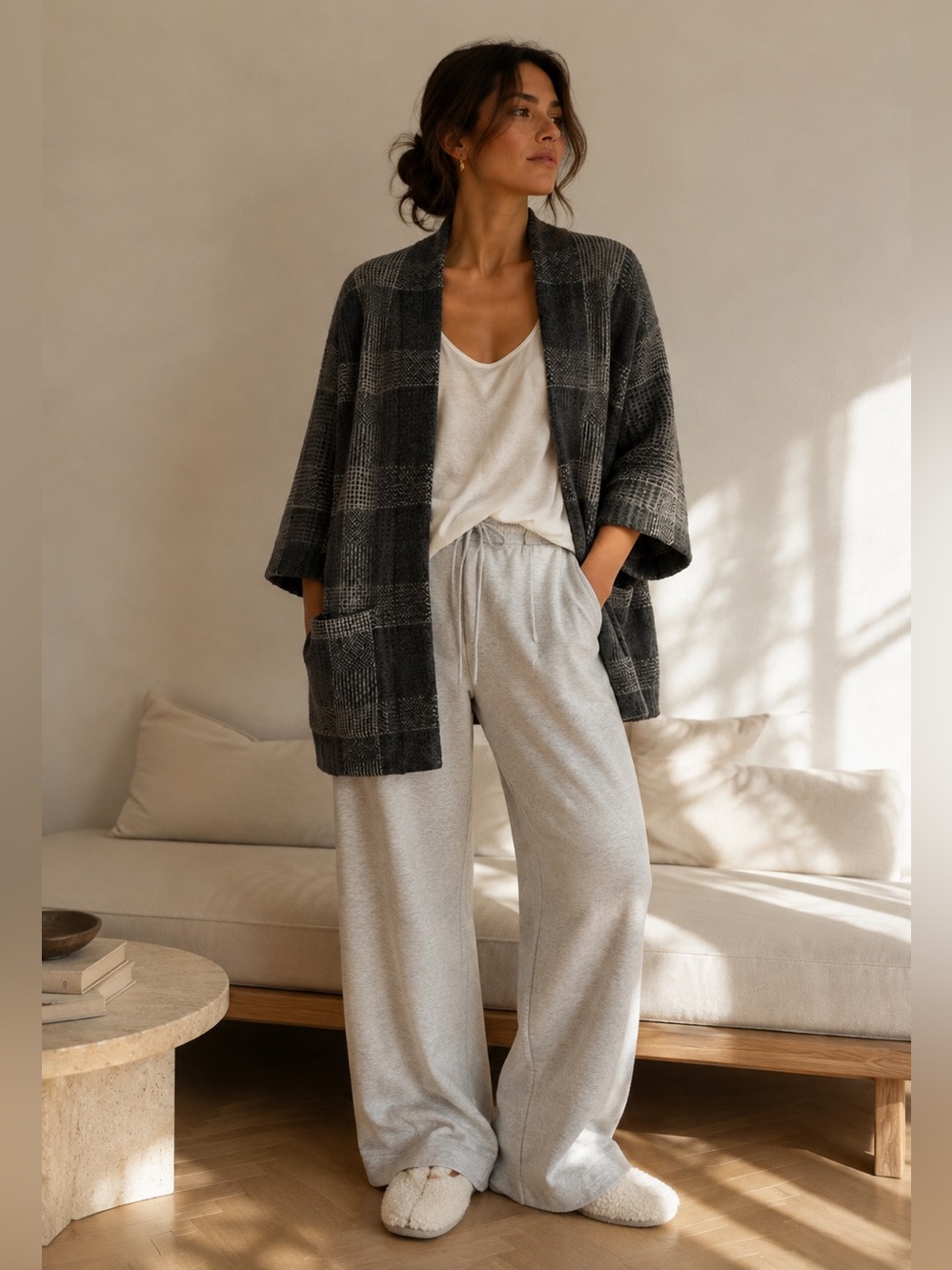 100% Merino Wool Charcoal Plaid Open Cardigan